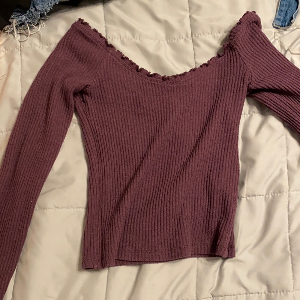 purple off the shoulder crop top.